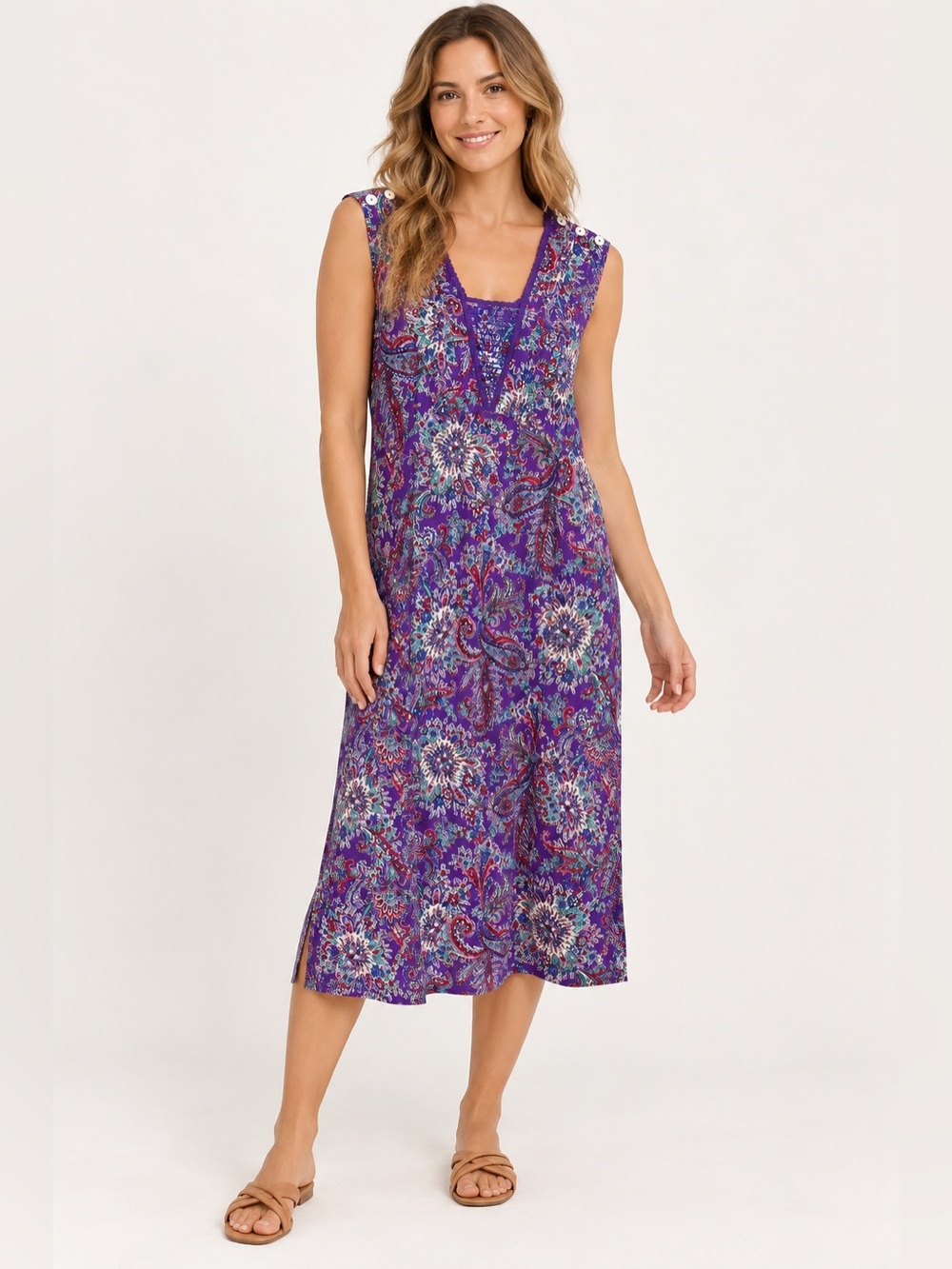 April Cornell Vibrant Purple Paisley Floral Midi Dress Cotton Medium Boho NWT